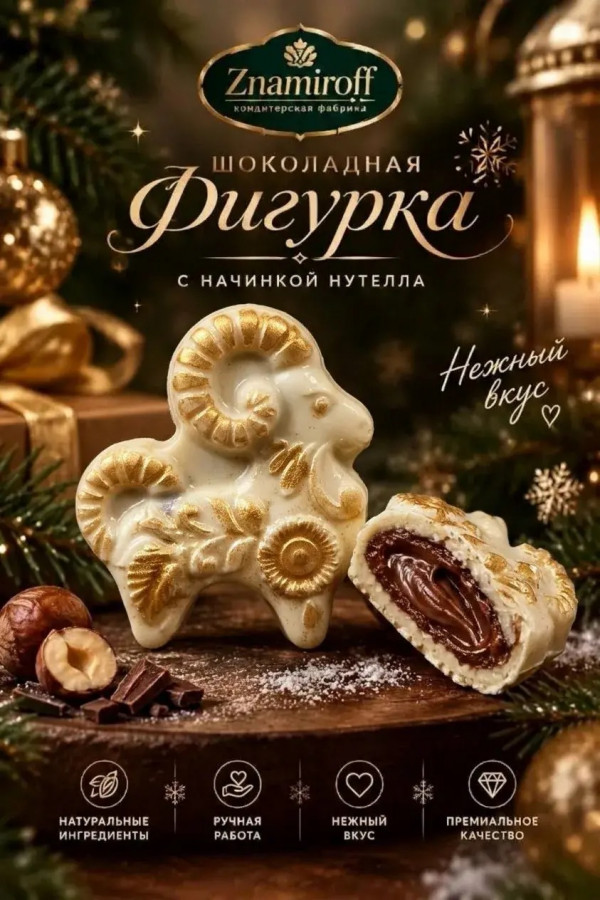 №1 Шоколад фигурный "Козёл горный" белый шоколад с начинкой нутелла(блок 5шт по 70г) в Симферополе