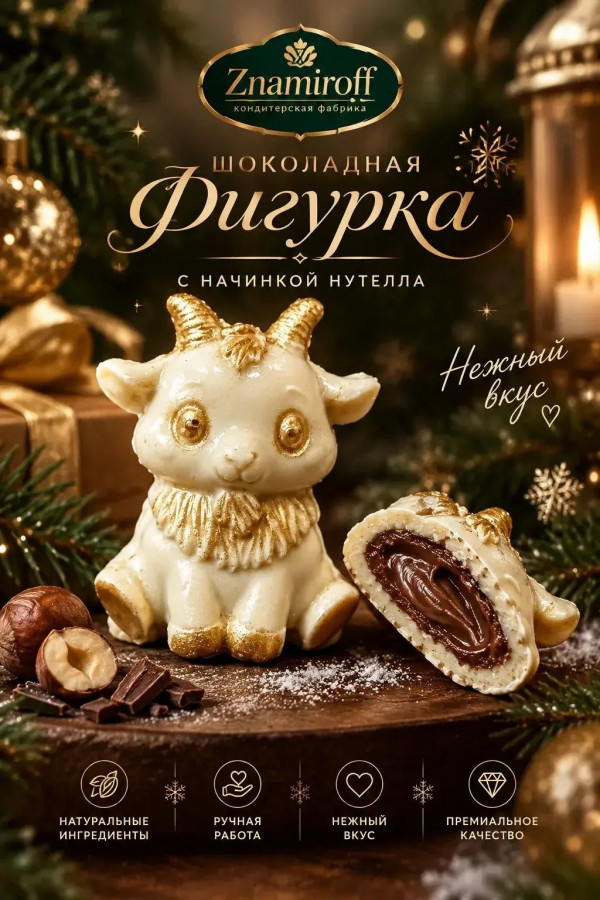 №1 Шоколад фигурный "Мультяшный козлик" белый шоколад с начинкой нутелла(блок 5шт по 70г) в Симферополе